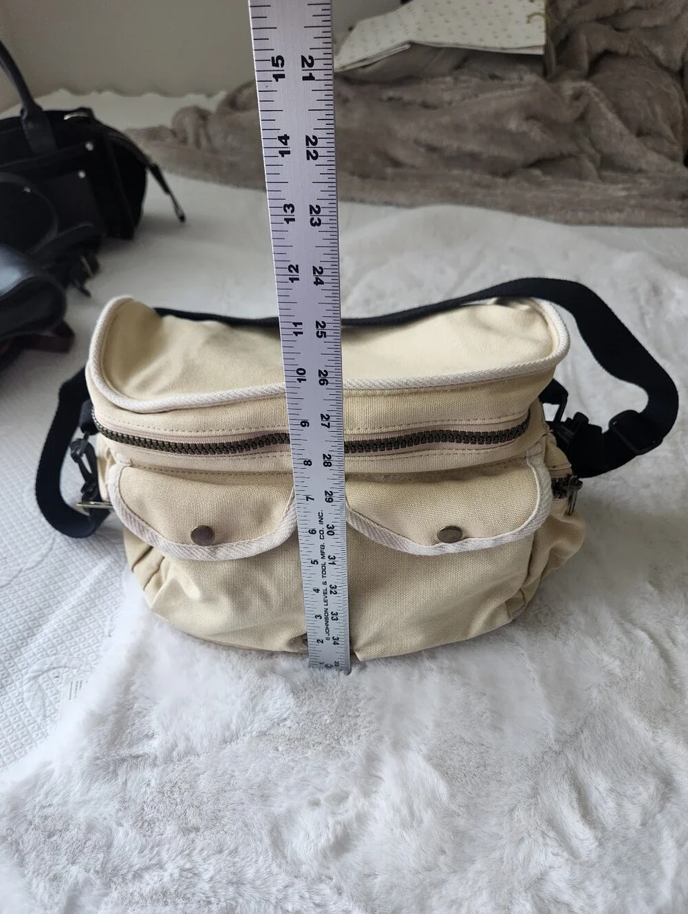 J. Peterman Beige Canvas Messenger Bag with Front Flap Pockets
